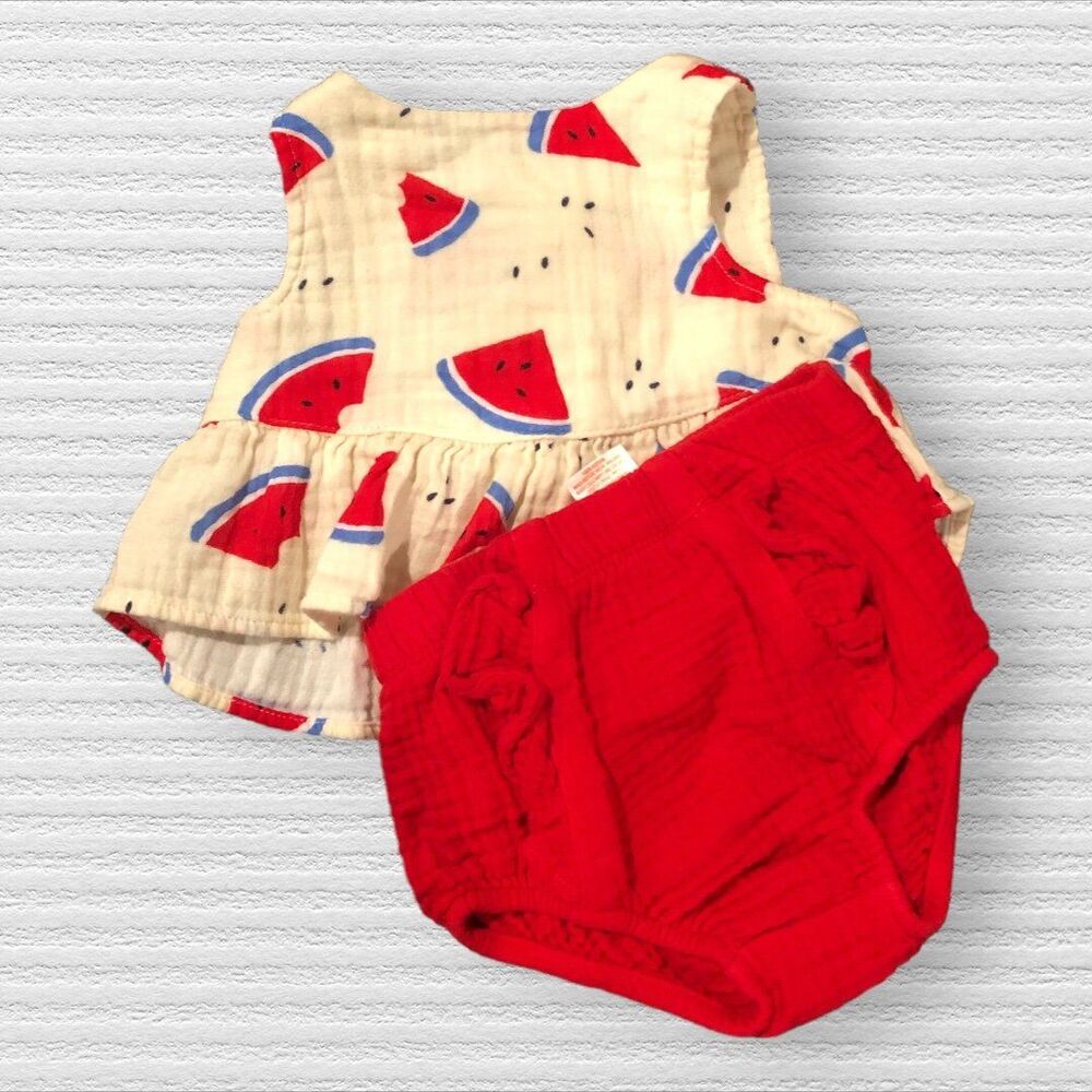 Cat & Jack 6-9m Red Beige Gauze Watermelon Swing Top Bloomer Set